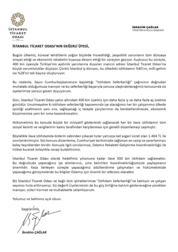 İTO Başkanı Çağlar’dan üyelere ‘istihdam’ mektubu